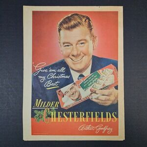 1949 Milder Chesterfields Arthur Godfrey‎ Cigarettes Vintage Print Ad Christmas